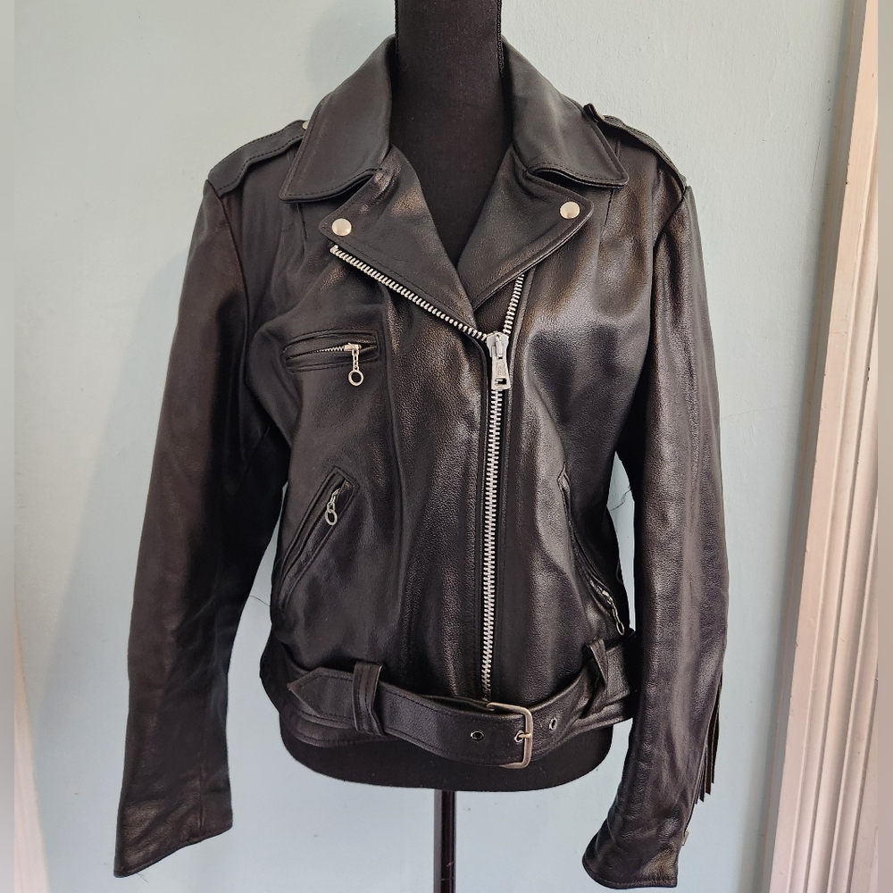 Vintage 1980s Sears Leather Fringe Moto Jacket Womens 18